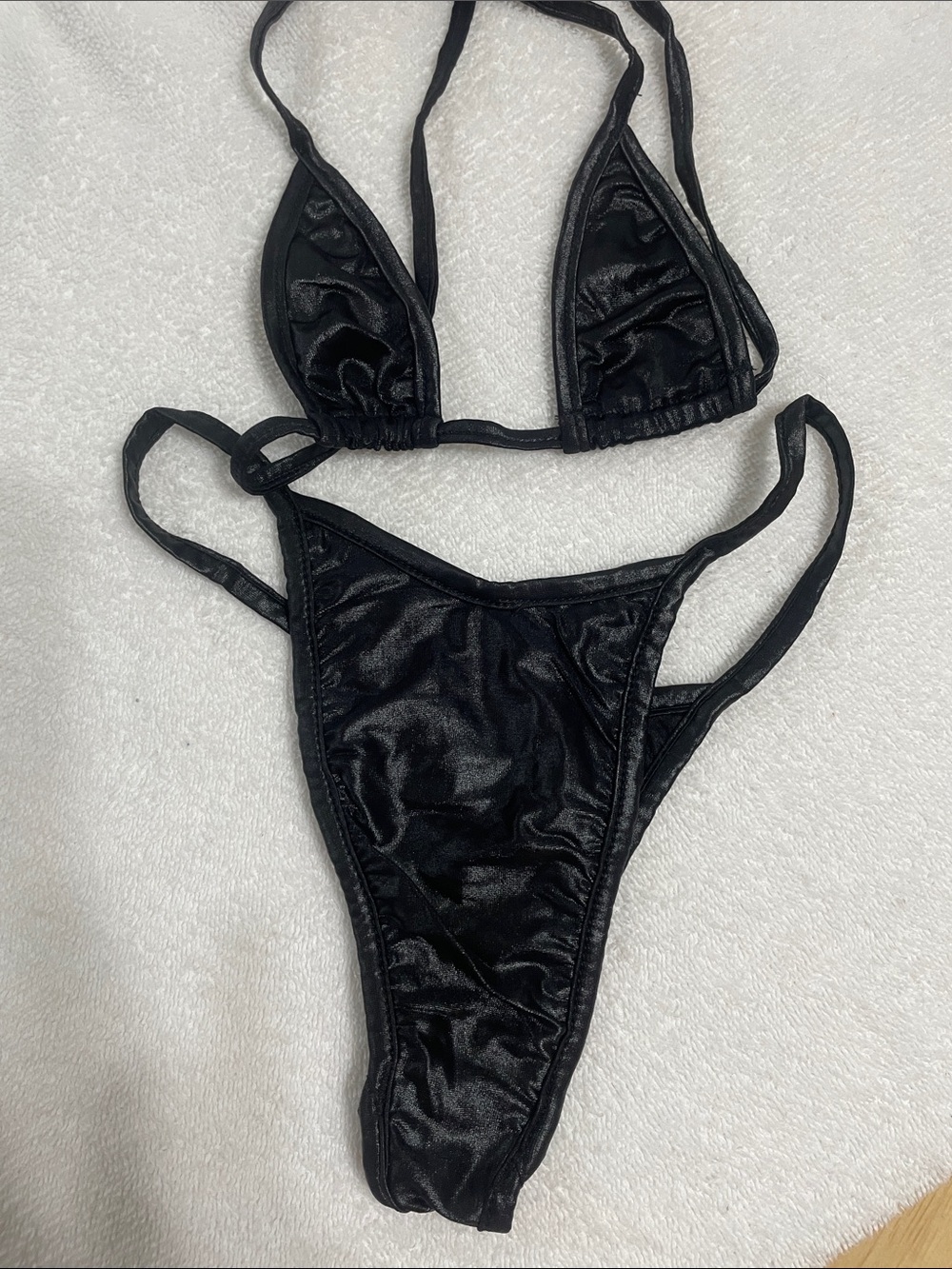 Sleek Black Satin Triangle Swim Bra - Minimal Coverage